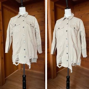 Highway Jeans Distressed Tan Khaki Shirt Jacket Shacket Sz Large